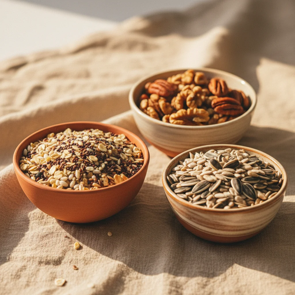 Körner, Samen und Nüsse auf einem Holztisch - natürliche Quellen für B-Vitamine
