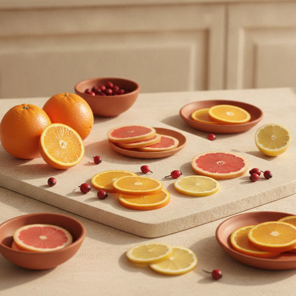 Frische Zitrusfrüchte, Orangen und Zitronen auf einem hellen Steintisch