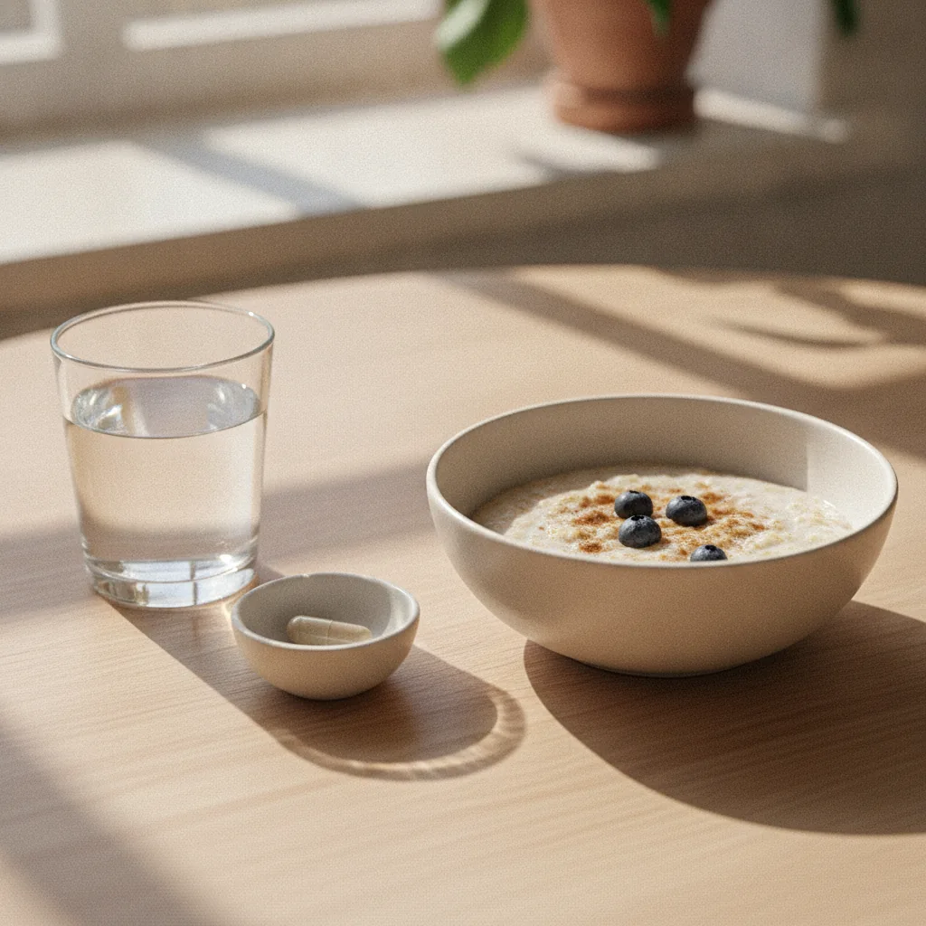 Nordova Metabolic Kapsel neben einem Glas Wasser auf einem hellen Frühstückstisch mit Hafer und Mandeln